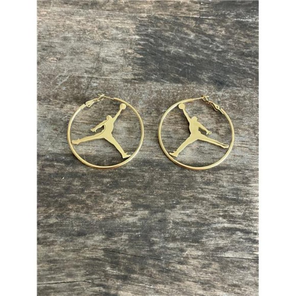 New Michael Jordan Jumpman Jump Man Gold -‎ Plated Hoop Clasp Earring Dangle